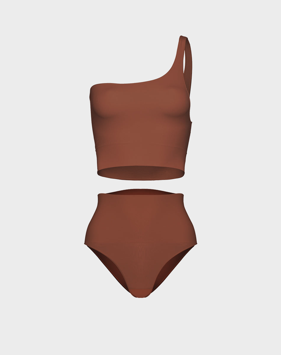 מארז טופ סימלס כתף אחת + תחתון מחטב סימלס גזרה גבוהה | חום