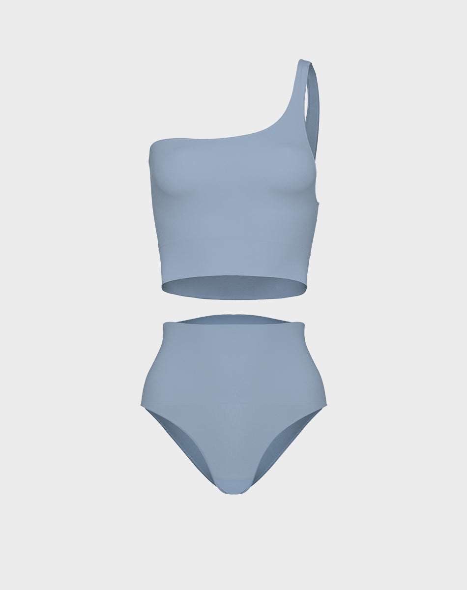 מארז טופ סימלס כתף אחת + תחתון מחטב סימלס גזרה גבוהה | כחול ג׳ינס